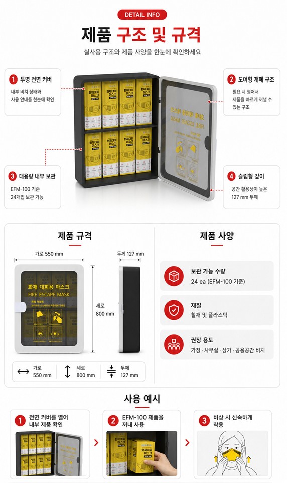 '제품 구조 및 규격' 제목과 투명 전면 커버·도어형 개폐 구조·대용량 내부 보관·슬림형 깊이 4가지 구조 설명, 가로 550·세로 800·두께 127(mm) 치수 도면, 보관 가능 수량 24ea·재질 철재 및 플라스틱·권장 용도 사양표, 사용 순서 3단계 사진