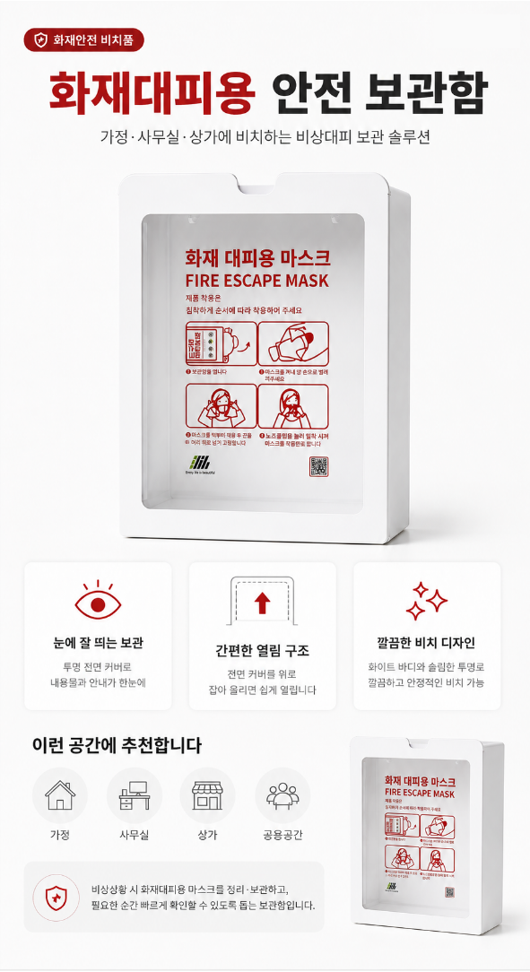 '화재대피용 안전 보관함' 제목과 보관함 제품 사진, 눈에 잘 띄는 보관·간편한 열림 구조·깔끔한 비치 디자인 3가지 특징, 가정·사무실·상가·공용공간 추천 아이콘, 포장 박스 사진